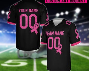 Camiseta de fútbol personalizada con purpurina sintética para concienciar sobre el cáncer de mama, camiseta personalizada con lazo rosa para el cáncer de mama, regalo de apoyo para sobrevivientes del cáncer