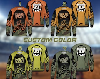 Personalisierte Farbe Camouflage Motocross Langarm-Shirt, Benutzerdefinierte Fahrer Name Nummer Militär Dirt Bike 3D Shirt, MX ATV Off-Road-Rennen Shirt