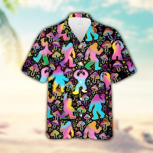 Camisa hawaiana con estampado de Bigfoot y hongos mágicos, camisa abotonada con estampado de Sasquatch psicodélico, camisa para festival de verano con estampado de hongos neón, regalo con estampado de hongos