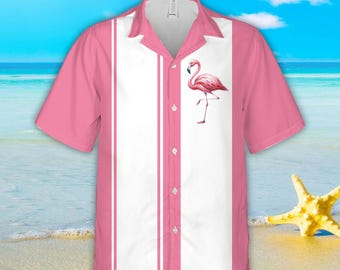 Camisa hawaiana con flamencos en paneles rosas y blancos para hombres y mujeres, camisa con botones de flamencos rosas para amantes de los flamencos, camisa hawaiana de verano con flamencos