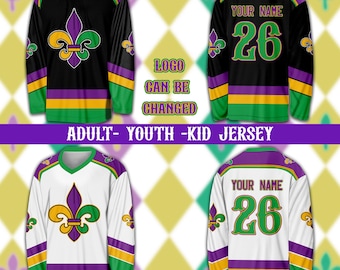 Personalized Mardi Gras Ice Hockey Jersey, Custom Fleur De Lis Hockey Shirt, Hockey Team Jersey, Mardi Gras Carnival Sports Uniform For Fans