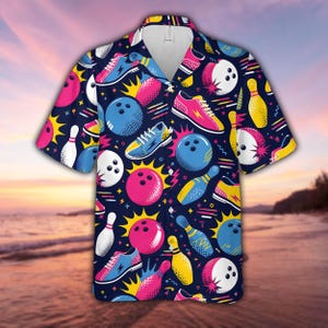 Retro Bowling Hawaii-Hemd, Vintage Bowling Jersey, Bowling-Shirt für Männer Frauen, Neon Bowlingkugel Button Down Shirt, Bowling-Team Geschenk
