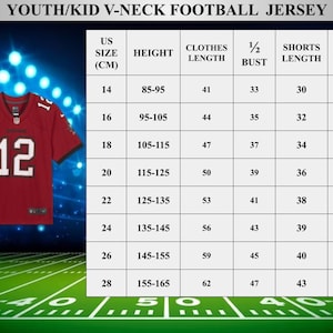 May include: A size chart for youth football jerseys with measurements in inches and centimeters. The chart shows the US size, height, clothes length, 1/2 bust, shorts length, and 1/2 waistline.