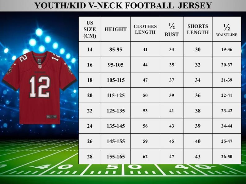 May include: A size chart for youth football jerseys with measurements in inches and centimeters. The chart shows the US size, height, clothes length, 1/2 bust, shorts length, and 1/2 waistline.