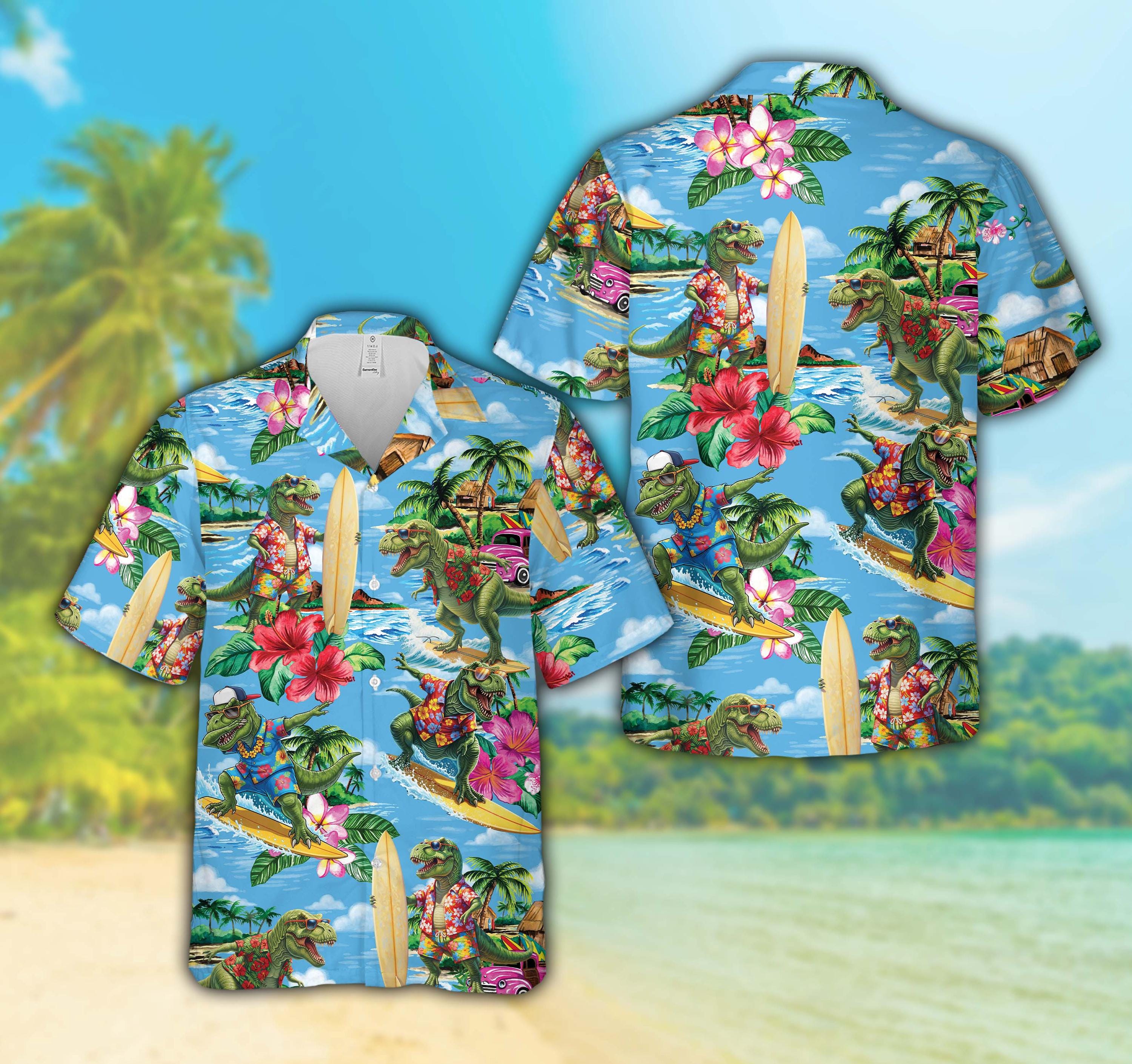 Tropical Dinosaur Surfing Hawaiian Shirt for Men Women, T-rex on