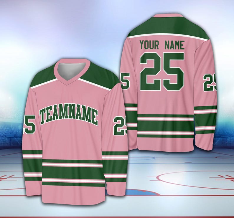 May include: Pink and green hockey jersey with white stripes. The jersey has the number 25 on the back and the text "YOUR NAME" above it. The front of the jersey has the text "TEAMNAME" and the number 25 on the sleeves.
