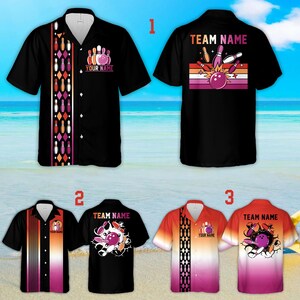 May include: Four different designs of bowling themed Hawaiian shirts. The shirts are black with a pink, orange, and white design. The shirts have the text "TEAM NAME" and "YOUR NAME" on them.