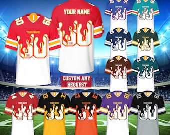 Personalisierte Name Football Team Flame Jersey, benutzerdefinierte Farbe College Football Jersey, Sport Spiel Tag Jersey Outfit für Fußballfans Liebhaber