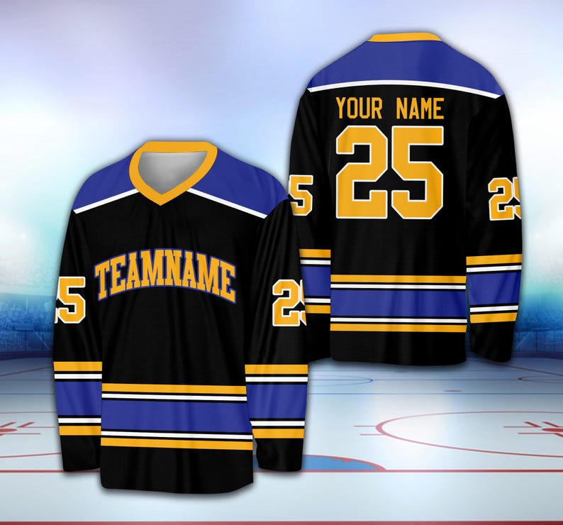 May include: Black hockey jersey with blue and gold stripes. The jersey has the text "TEAMNAME" on the front and the number "25" on the back with the text "YOUR NAME" above it.
