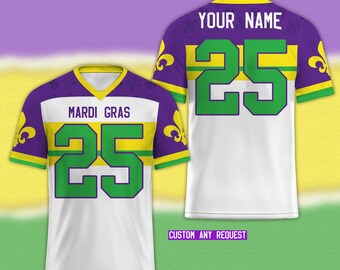 Camisa personalizada do time de futebol Mardi Gras, camisa de futebol personalizada Fat Tuesday, traje de dia de jogo de carnaval Mardi Gras para amantes de futebol