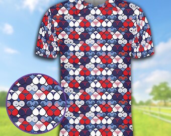 Patriotic Heart Polo Shirt For Men Women, USA Flag Pattern Collared Shirt, Red White & Blue Geometric Shirt, Memorial Day Shirt For Veterans