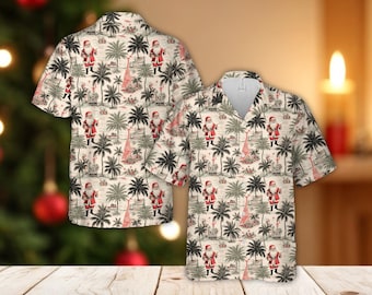 Tropical Christmas Santa Hawaiian Shirt, Summer Beach Christmas Palm Tree Button Down Shirt, Retro Christmas Santa Shirt Gift For Men Women