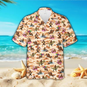 Funny Bigfoot Sasquatch Hawaiian Shirt For Men Women, Sasquatch Riding T-Rex Patriotic Button Up Shirt, Sasquatch Flamingo Float Aloha Shirt