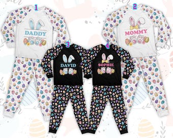Conjuntos de pijamas de Pascua personalizados con nombre, pijamas de Pascua familiares a juego, pijamas de conejito de Pascua coloridos para la familia, pijamas navideños