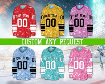 Camisa de hóquei no gelo com glitter falso personalizada, camisa de hóquei com nome e número personalizados, camisa de time de hóquei, traje para dia de jogo para fãs de hóquei, amantes de hóquei