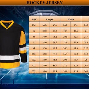 May include: Black and yellow hockey jersey with white stripes. Size chart shows measurements in inches and centimeters for sizes S through 5XL.