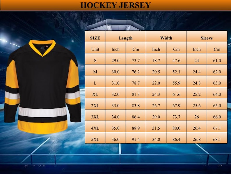 May include: Black and yellow hockey jersey with white stripes. Size chart shows measurements in inches and centimeters for sizes S through 5XL.
