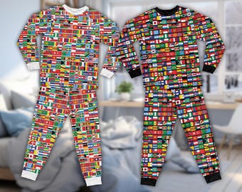 Piżama z flagami świata, piżama z długim rękawem z międzynarodową flagą kraju, odzież domowa Global Pride, pasujące piżamy rodzinne dla miłośników podróży