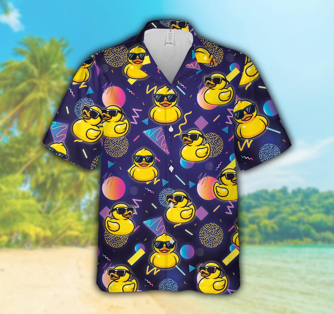 Men’s Yellow Cartoon Ducks Hawaiian Shirt – Retro Button Up, Funny Party Shirt, Polyester, Loose Fit - View #11