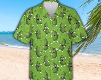 Camisa hawaiana con pepinillos bailando para hombre y mujer, camisa verde con botones y notas musicales, camisa hawaiana con pepinillos de dibujos animados para amantes de los pepinillos.