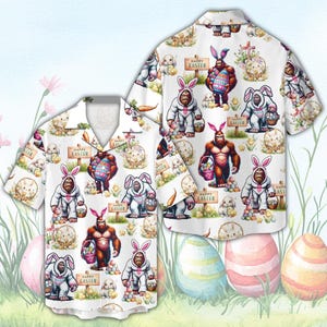 May include: White button-up shirt with a repeating pattern of Easter bunnies, eggs, and the text "Happy Easter".