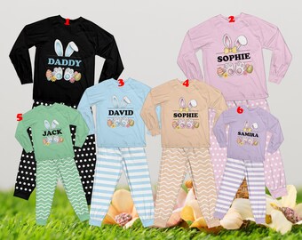 Conjuntos de pijamas de Pascua personalizados con nombre, pijamas de Pascua familiares a juego, pijamas de conejito de Pascua coloridos para la familia, pijamas navideños