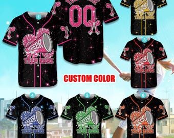 Camisa de beisebol personalizada com estampa de glitter e laço de coquete, camisa de líder de torcida com nome personalizado para líder de torcida, mãe de torcida, time de torcida
