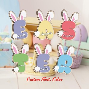 Etiqueta de nome de coelho de Páscoa personalizada, etiqueta de letra de madeira com orelhas de coelho personalizadas, pingente de nome de cesta de primavera para crianças, presente de Páscoa de coelho, decoração de Páscoa