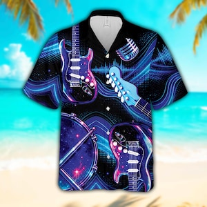 May include: Black button-up shirt with a vibrant musical theme. The shirt features neon blue and purple illustrations of guitars, a microphone, and a drum set against a starry background. The design includes sound wave patterns.