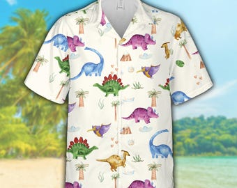Tropical Dinosaur Hawaiian Shirt For Men & Women, Watercolor Dino Print Button Up Shirt, Prehistoric T-Rex Aloha Shirt, Gift For Dino Lovers