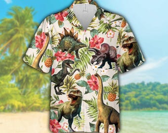 Tropical Dinosaur Hawaiian Shirt For Men & Women, Jurassic Dinosaur Button Up Shirt, T-Rex Summer Beach Aloha Shirt, Gift For Dino Lovers