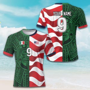 Custom Name Mexico USA Split Soccer Jersey, Personalized Mexican American Jersey, Aztec Calendar Heritage Gift, Mexico National Pride Shirt image 2