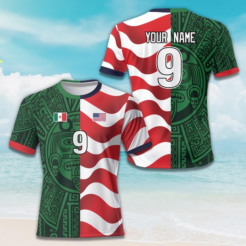 Custom Name Mexico USA Split Soccer Jersey, Personalized Mexican American Jersey, Aztec Calendar Heritage Gift, Mexico National Pride Shirt image 2