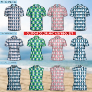 May include: A collection of polo shirts and sleeveless tops with argyle patterns in various color combinations. The image includes options for men and women, with a beach background. The text "CUSTOM COLOR AND ANY REQUEST" is displayed.