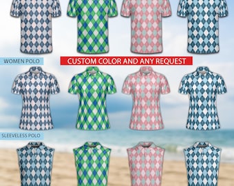 Argyle Pattern Golf Polo Shirt For Men Women, Diamond Print Golf Women's Sleeveless Polo Shirt, Golf Team Matching Polo Shirt For Golf Lover