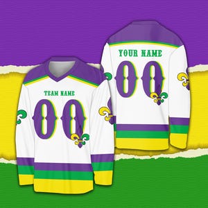 Personalized Mardi Gras Ice Hockey Jersey, Custom Fleur De Lis Hockey Shirt, Hockey Team Jersey, Mardi Gras Carnival Sports Uniform For Fans