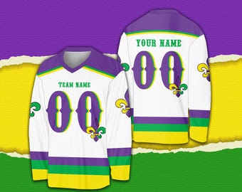 Camiseta de hockey sobre hielo personalizada de Mardi Gras, camiseta de hockey Fleur De Lis personalizada, camiseta del equipo de hockey, uniforme deportivo de carnaval de Mardi Gras para fanáticos