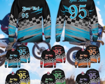 Camiseta de manga larga personalizada para motocross a cuadros para jóvenes y adultos, camiseta de manga larga con nombre de piloto para motocross, motocross, ATV, enduro y carreras, camiseta 3D