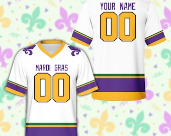 Camisa personalizada do time de futebol Mardi Gras, camisa de futebol personalizada Fat Tuesday, traje de dia de jogo de carnaval Mardi Gras para amantes de futebol