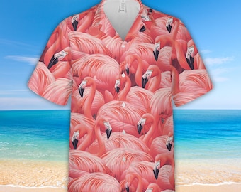 Camisa hawaiana con flamencos por todas partes para hombres y mujeres, camisa con botones con flamencos rosados para amantes de los flamencos, camisa hawaiana de verano con flamencos densos para la playa