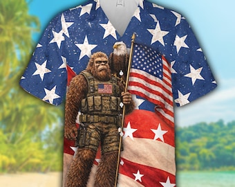 Patriotic Bigfoot Hawaiian Shirt, American Flag Sasquatch Button Up Shirt, Funny Bigfoot USA Pride Shirt 4th of July Shirt For Bigfoot Lover