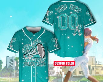 Camisa de beisebol personalizada com estampa de glitter e laço de coquete, camisa de líder de torcida com nome personalizado para líder de torcida, mãe de torcida, time de torcida