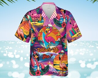 Camisa hawaiana con flamenco "¿Qué pasa, hermano?" para hombre y mujer, con botones, atardecer, palmera, flamenco y tabla de surf, camisa hawaiana de verano con flamenco.