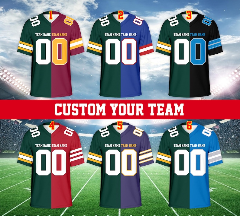 May include: Six different football jerseys with various color combinations. Each jersey has a split design with two different colors. The jerseys have a white number "00" on the front. The text "TEAM NAME TEAM NAME" is printed on each jersey.