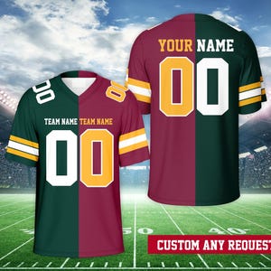 May include: Two custom football jerseys with a split design. The left side is green with white and gold accents, and the right side is maroon with gold accents. The jerseys have the text "TEAM NAME" and "YOUR NAME" on them.