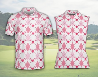 Polo de golf rosa con rombos para hombre y mujer, polo sin mangas para mujer con palos de golf y pelotas, polo a juego para amantes del golf.