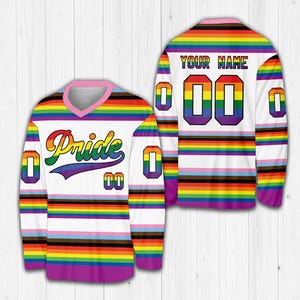 Personalized Name Number LGBTQ Hockey Jersey, Custom Pride Month Hockey Shirt, Rainbow LGBT Pride Apparel, Sports Uniform For LGBT Community
