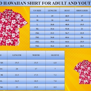 May include: A short-sleeved Hawaiian shirt with a red and white floral pattern, accompanied by two sizing charts for adults and youth. The charts display US size, length, bust, shoulder, and sleeve measurements in inches for various sizes.