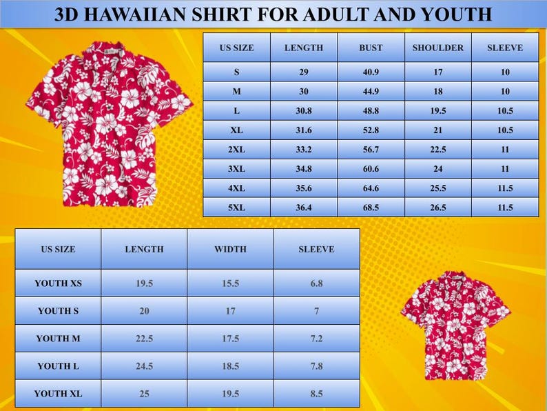 May include: A short-sleeved Hawaiian shirt with a red and white floral pattern, accompanied by two sizing charts for adults and youth. The charts display US size, length, bust, shoulder, and sleeve measurements in inches for various sizes.