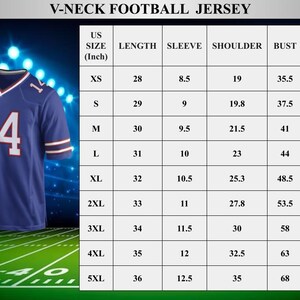 May include: A size chart for a V-neck football jersey. The chart shows the US size, length, sleeve, shoulder, bust, and waist measurements in inches for sizes XS to 5XL.
